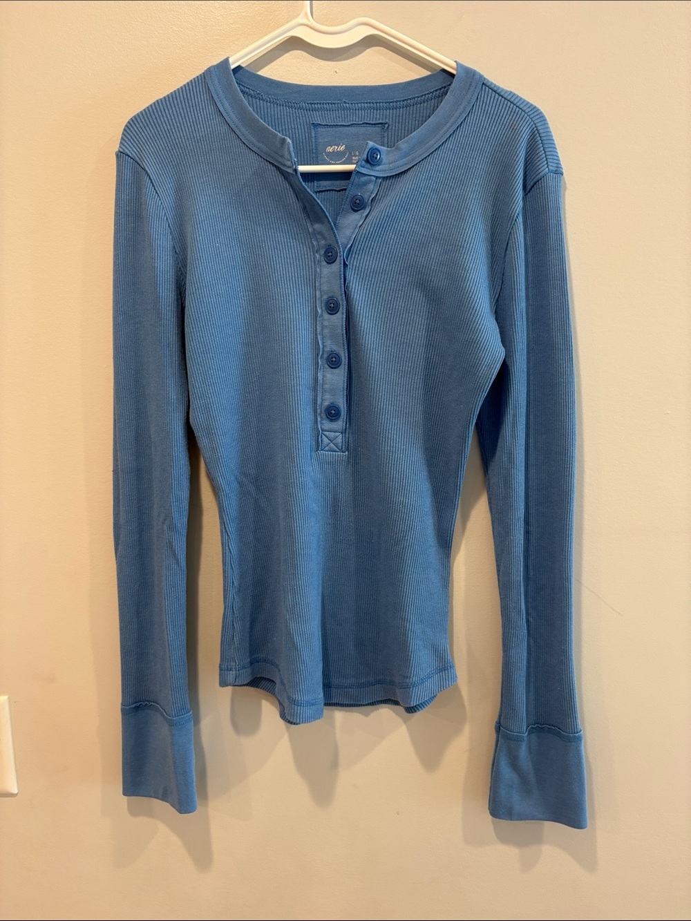 aerie Long Sleeve Ribbed Henley Top in Blue ptp 18-22